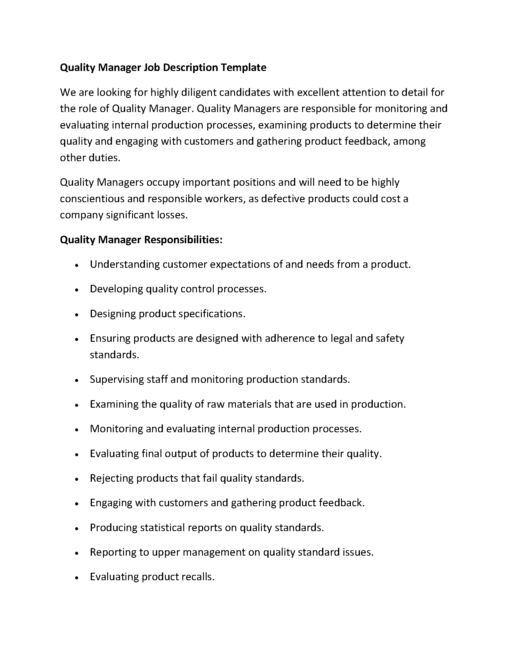 Quality Manager Job Description Template
